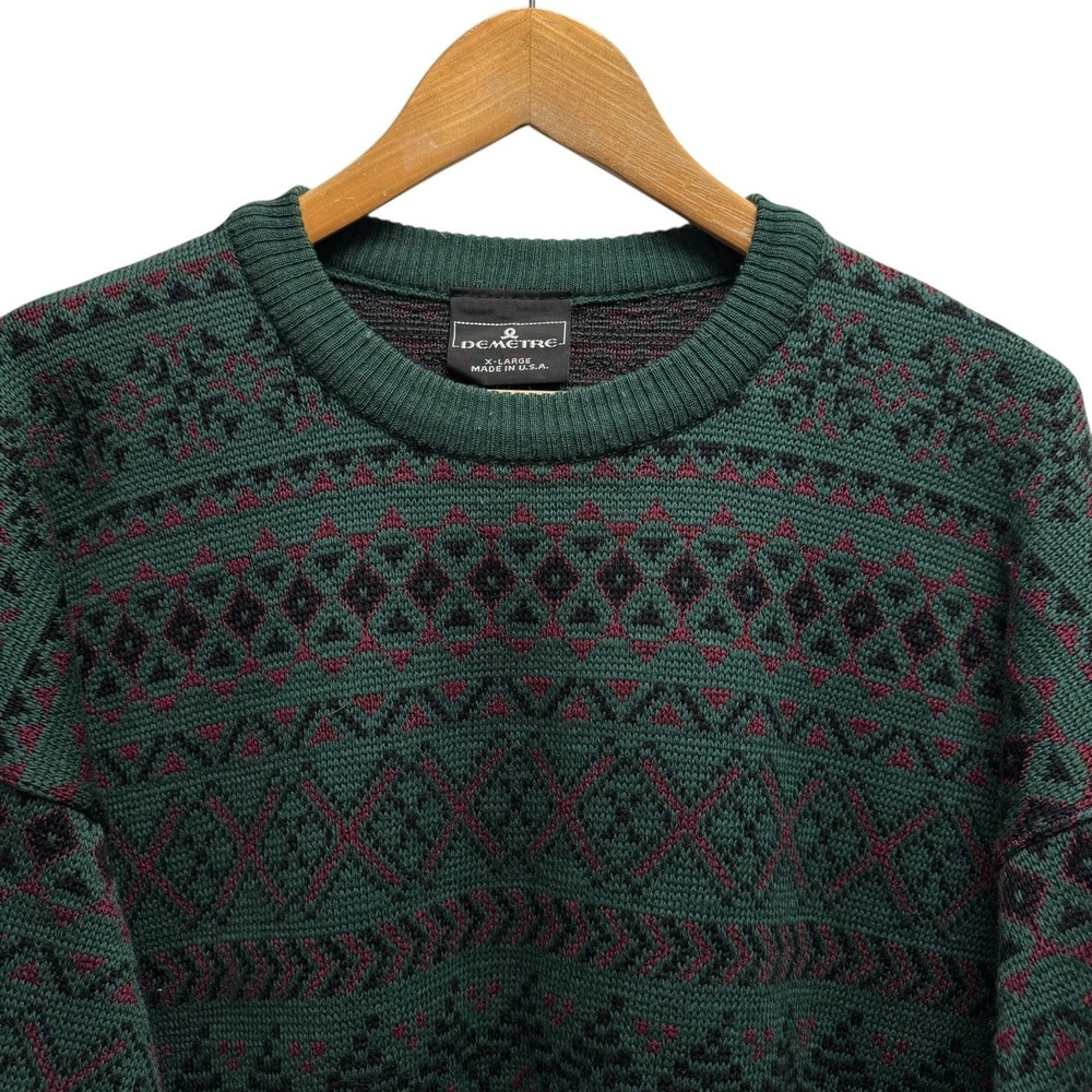 Demetre‎ Vtg Men's XL Green/Red Fair Isle Geometric Chunky Wool Knit Ski Sweater